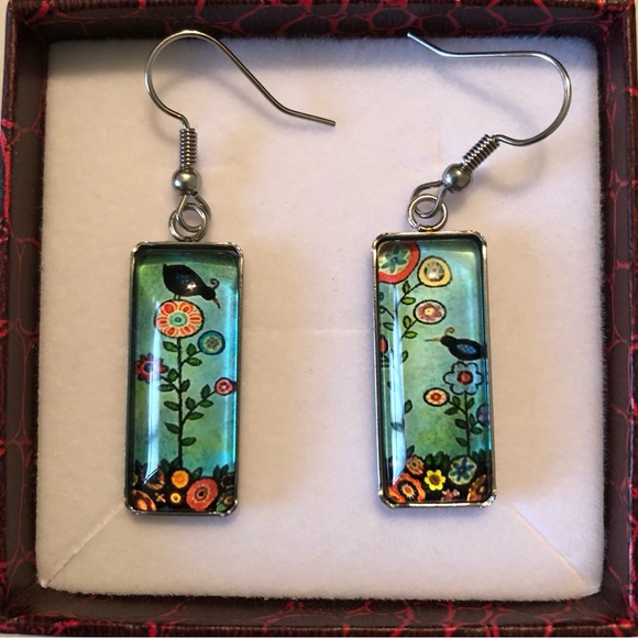 Earrings; Glass & Stainless Steel; Trees & Birds - Picture 2 of 2